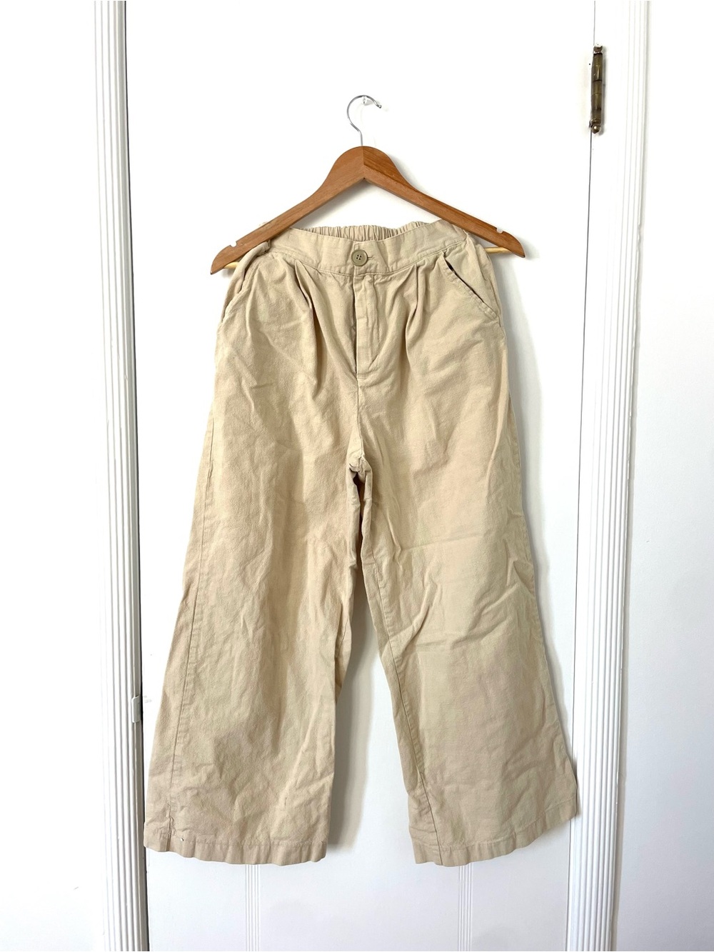 Beige Elastic-Waist Thick Linen Pants